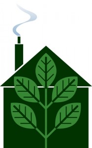 green building picture with leaves in house