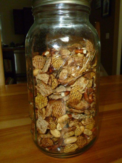 homemade classic party mix recipe in glass jar