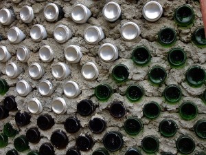 earthship interior recycled glass bottle and cal walls prior to plastering