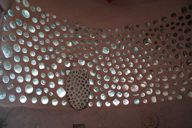 earthship wall made with recycled bottles.